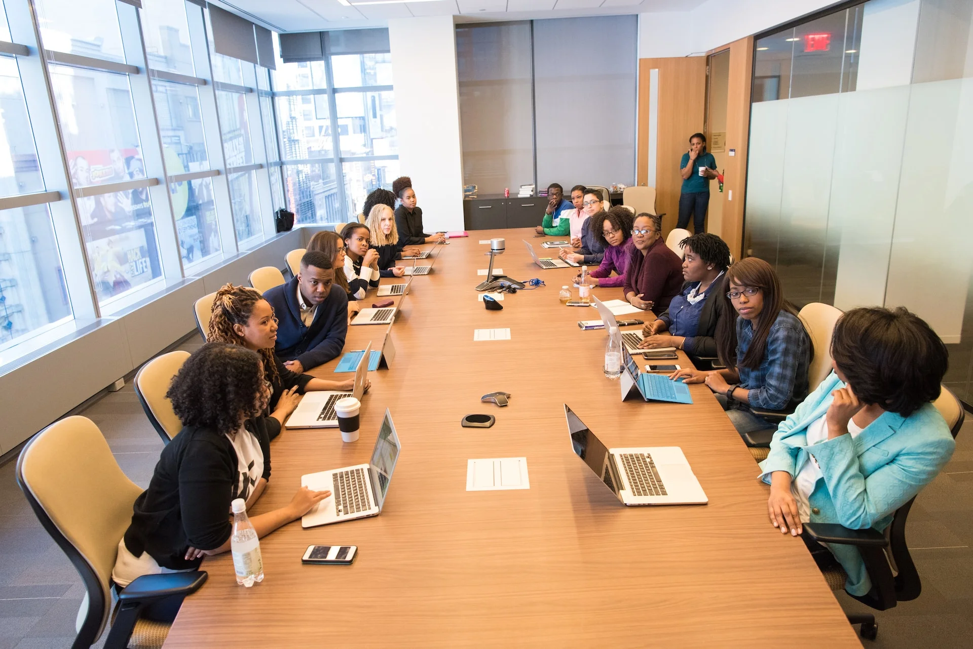 A diverse team of employees in a conference call
