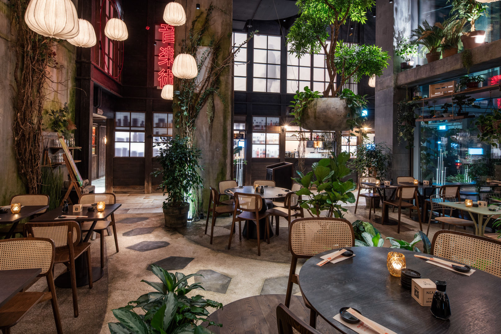 Familie Wiesner Gastronomie Restaurantfiliale Restaurant mit bohemian Ambiente, Pflanzen und Rattanstühlen