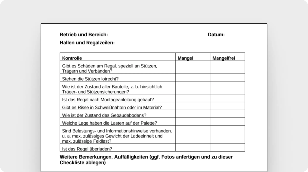 Checkliste für wöchentliche Sichtkontrolle Regale durch eingewiesene Personen