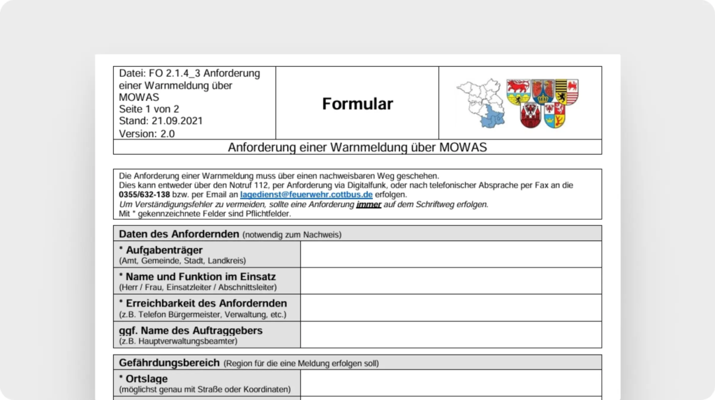 Formular zur Anforderung einer Warnmeldung über MOWAS