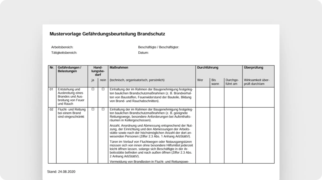 Mustervorlage Gefährdungsbeurteilung Brandschutz