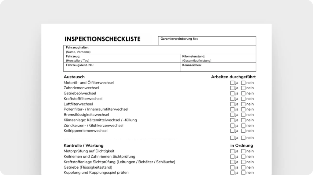 Inspektionscheckliste Garantievereinbarung