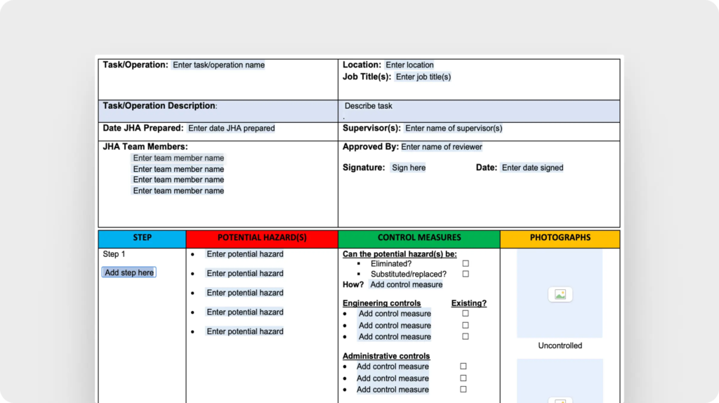 Job hazard analysis template (OSHA)