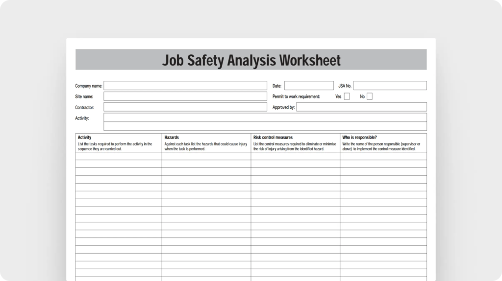 Job safety analysis worksheet (WorkSafe Victoria)