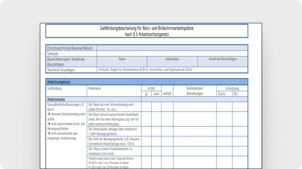 Gefährdungsbeurteilung für Büro- und Bildschirmarbeitsplätze