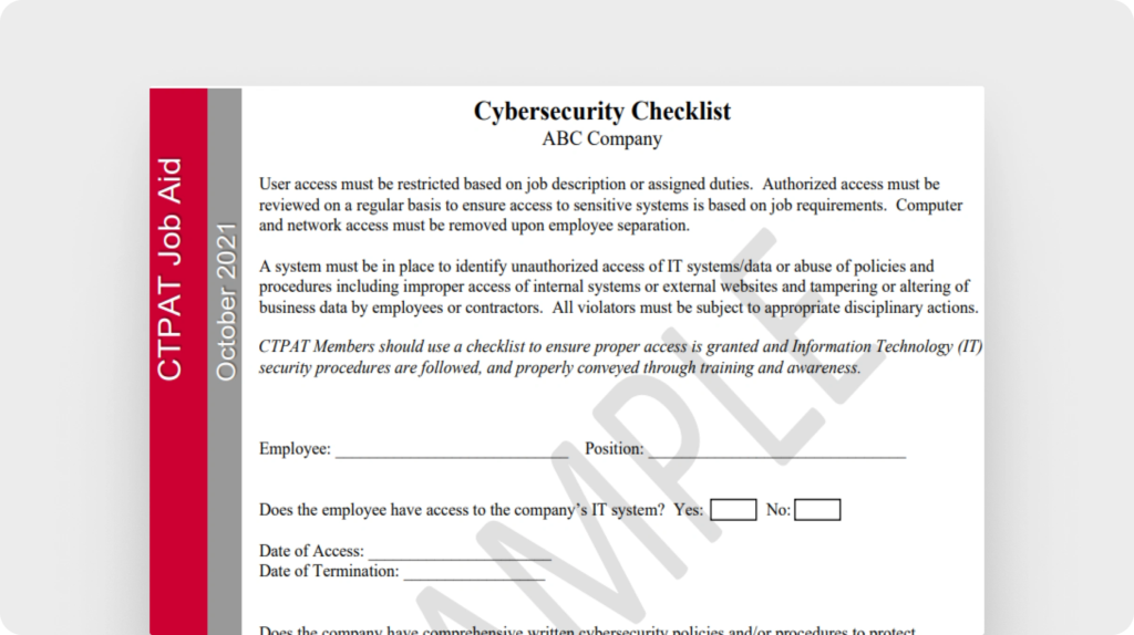 Cybersecurity checklist sample (U.S. Customs and Border Protection)