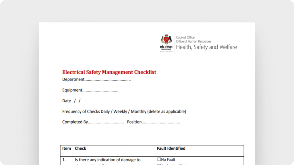 Electrical safety management checklist (HR office, Isle of Man Govt)