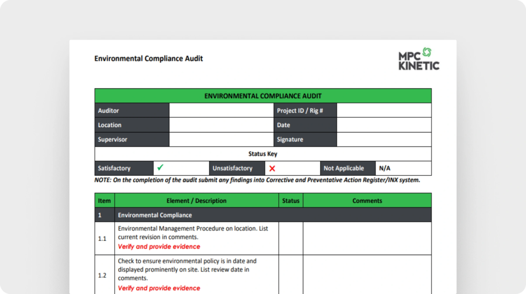 Environmental compliance audit template (NETP, Australia)