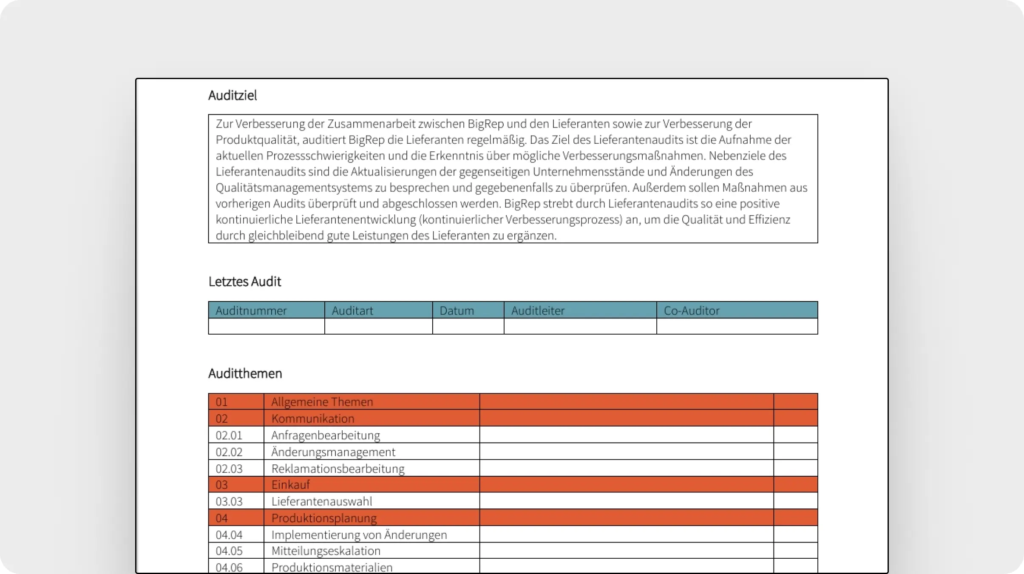 Lieferantenaudit Plan Vorlage