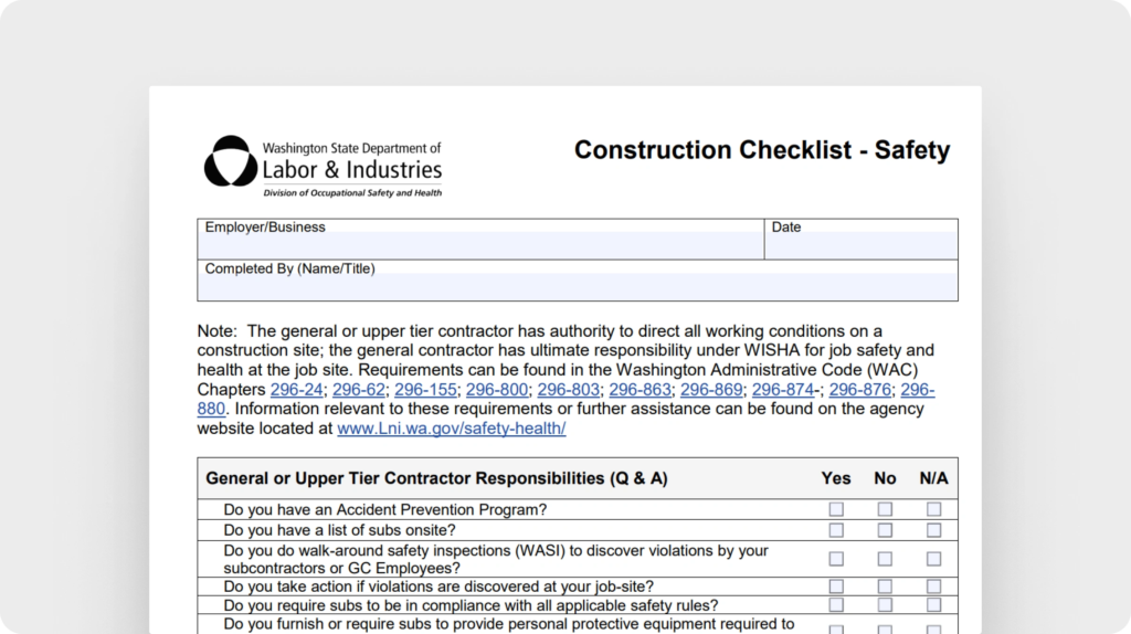 Construction safety checklist (Washington State Department of L&I)