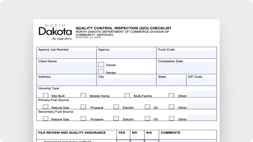 Quality control inspection checklist (North Dakota Department of Commerce)
