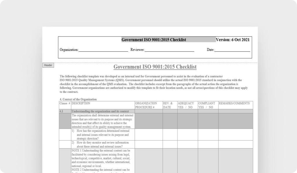 Government ISO 9001:2015 checklist (DAU, USA,Gov)