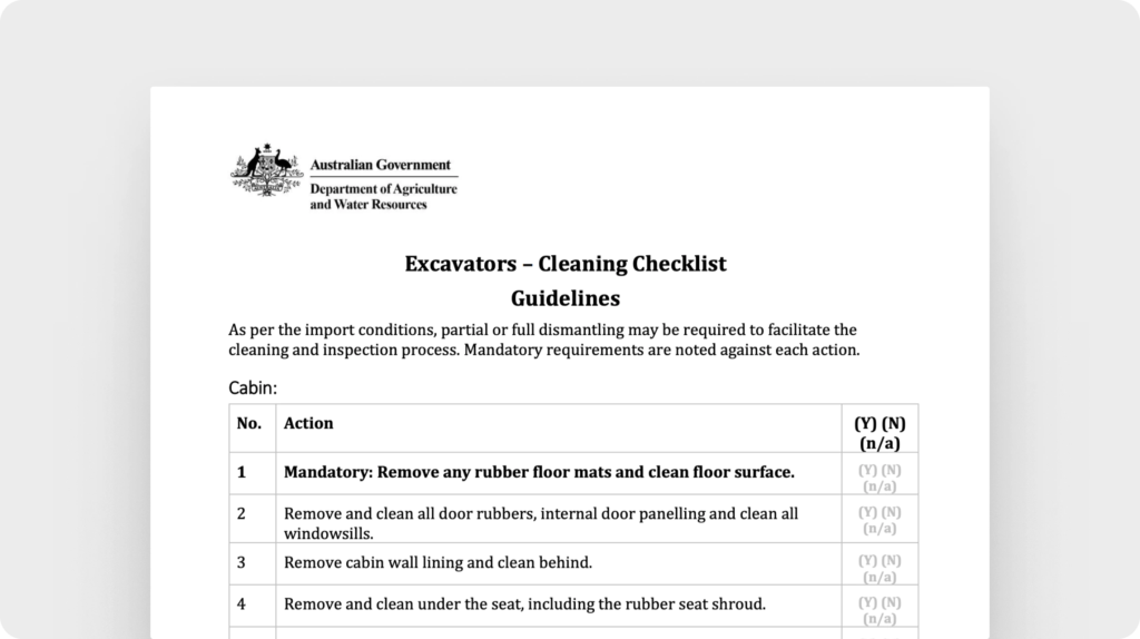 Excavators cleaning checklist (Australian Government)