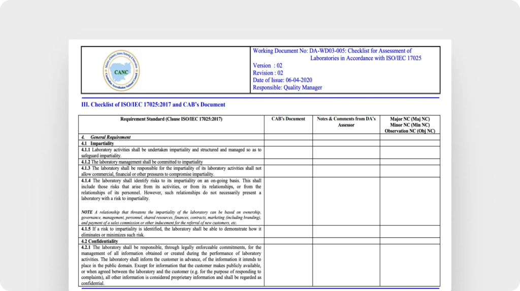 Checklist for assessment of laboratories in accordance with ISO/IEC 17025 (CANC)