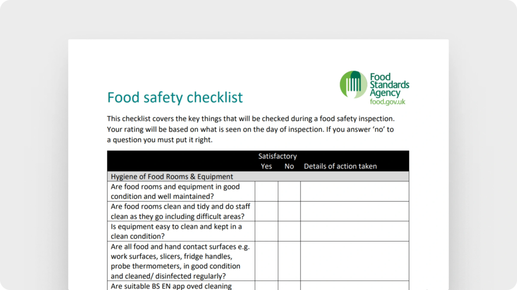 Food safety checklist (Food Safety Agency)