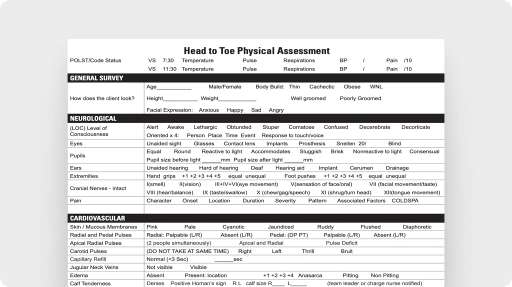 Head to toe physical assessment form (Stanbridge University)