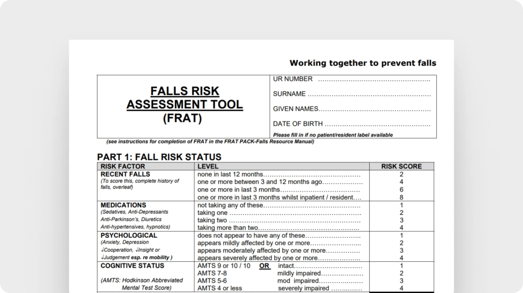 Falls risk assessment tool FRAT (Peninsula Health) 