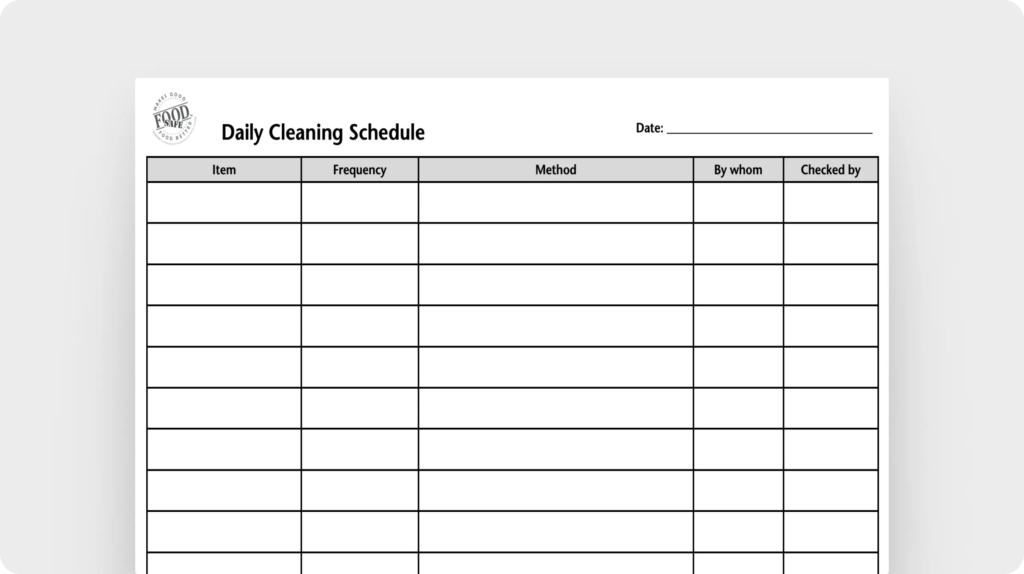 Daily cleaning schedule template (FOODSAFE British Columbia)