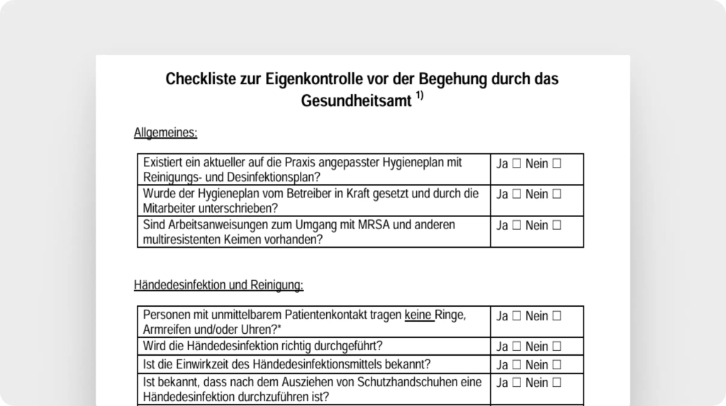  Checkliste zur Eigenkontrolle vor der Begehung durch das Gesundheitsamt 