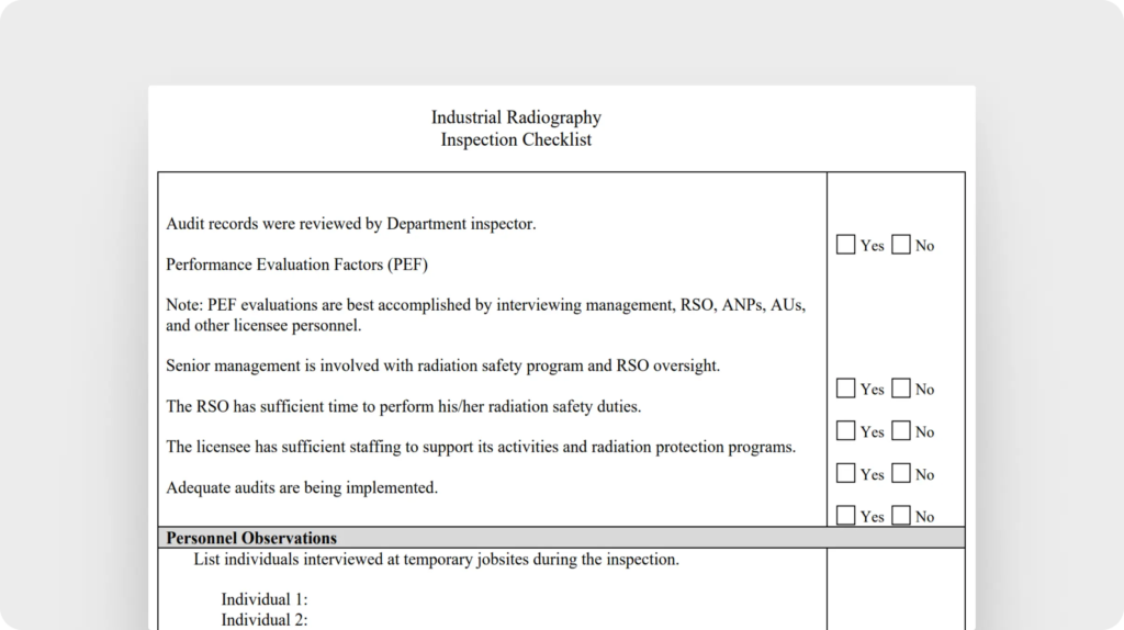 Industrial radiography inspection checklist (Vernon Department of Health)