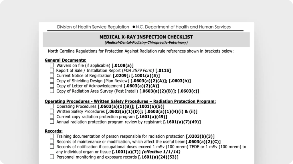 Medical X-ray inspection checklist (North Carolina Department of Health and Human Services)