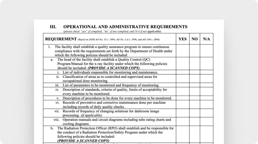 General X-ray facility self-assessment checklist (Food and Drug Administration Philippines)