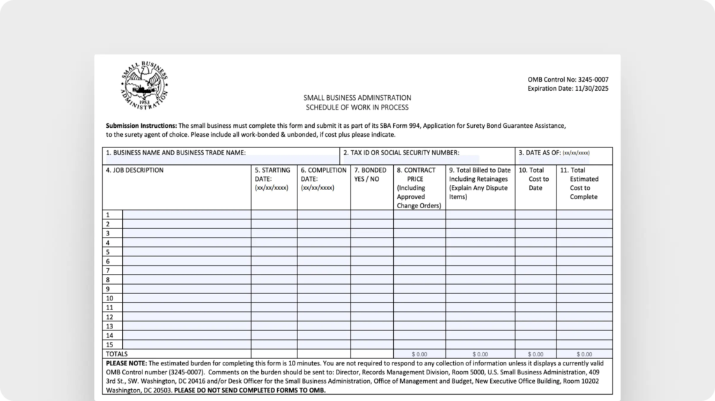 Schedule of work in process template (US Small Business Administration)