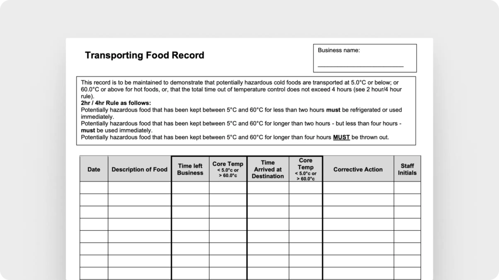 Transporting food record (Whitsunday Regional Council)
